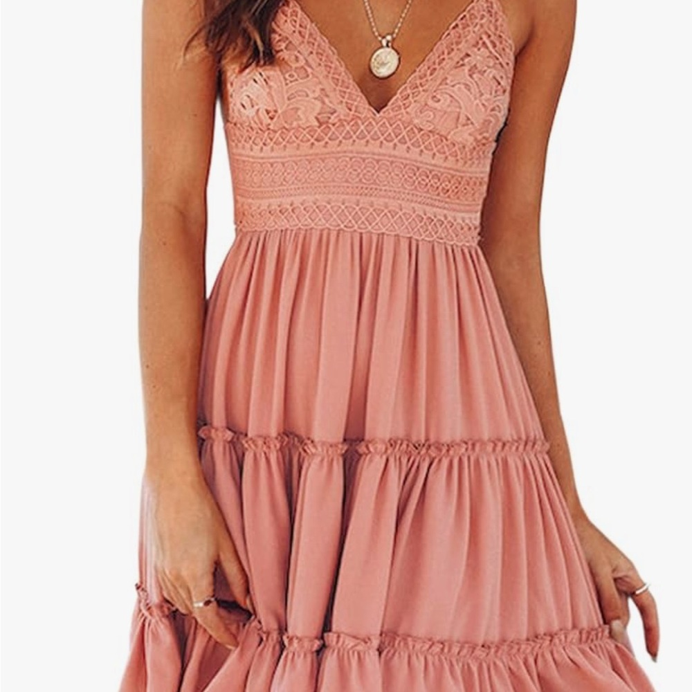 Elegant Coral Pink Lace Mini Sundress. Medium. open back summer New!